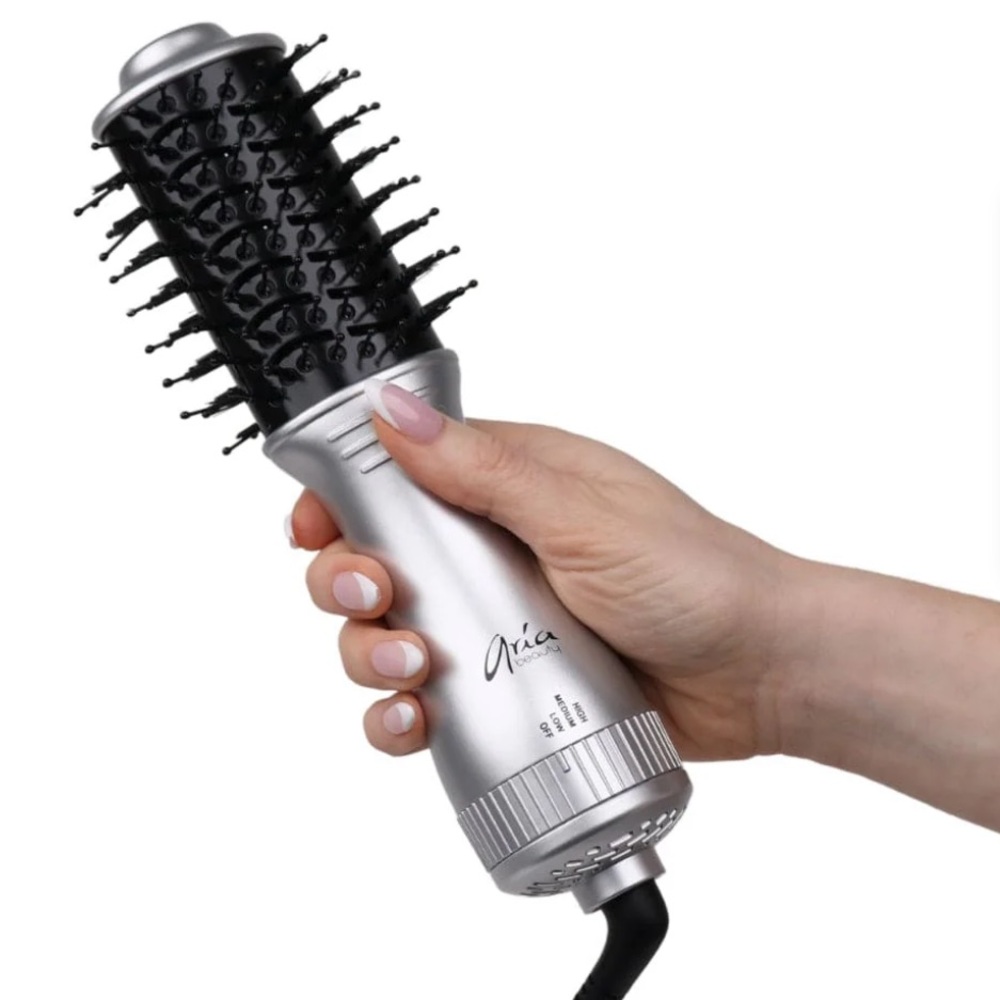 Aria Beauty Mini Blowdry Brush combo blow dryer + round brush in silver